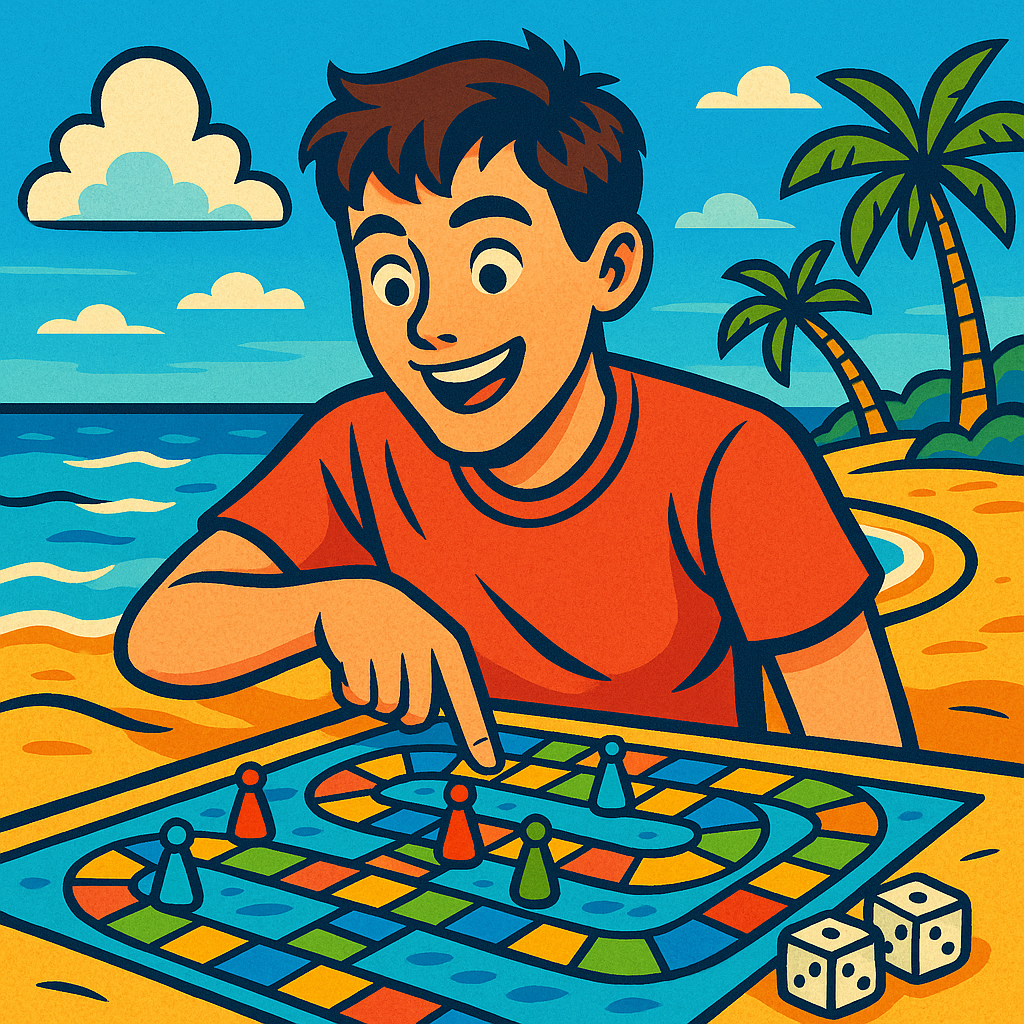ビーチでボードゲームを遊んでいる青年