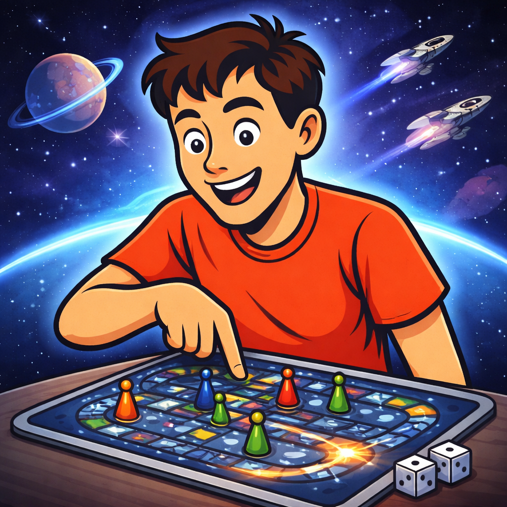 a young man playing a space-themed board game