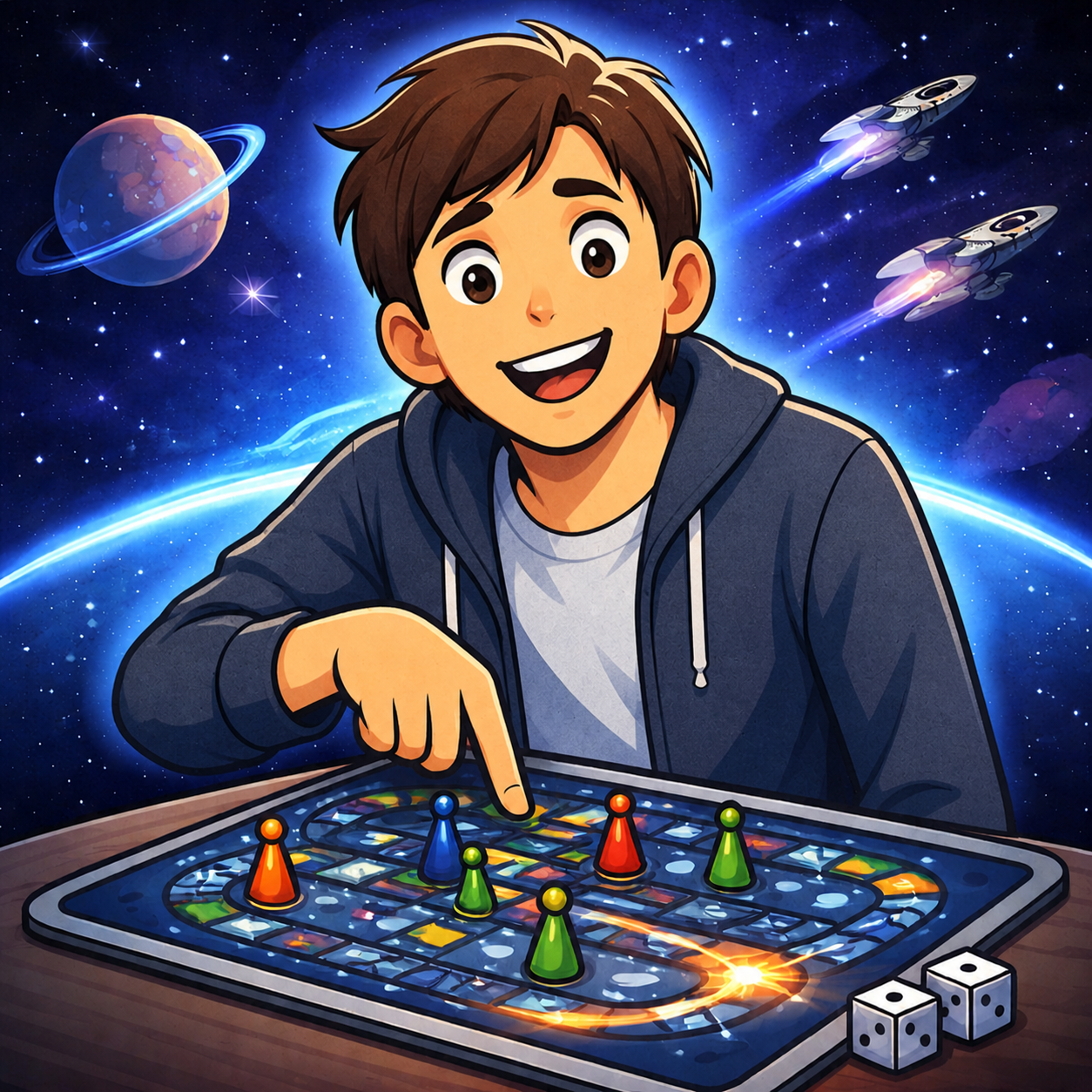 ボードゲームの盤面を指差しながら笑顔でこちらを見るKaito。宇宙をテーマにした背景に惑星と宇宙船が描かれている。